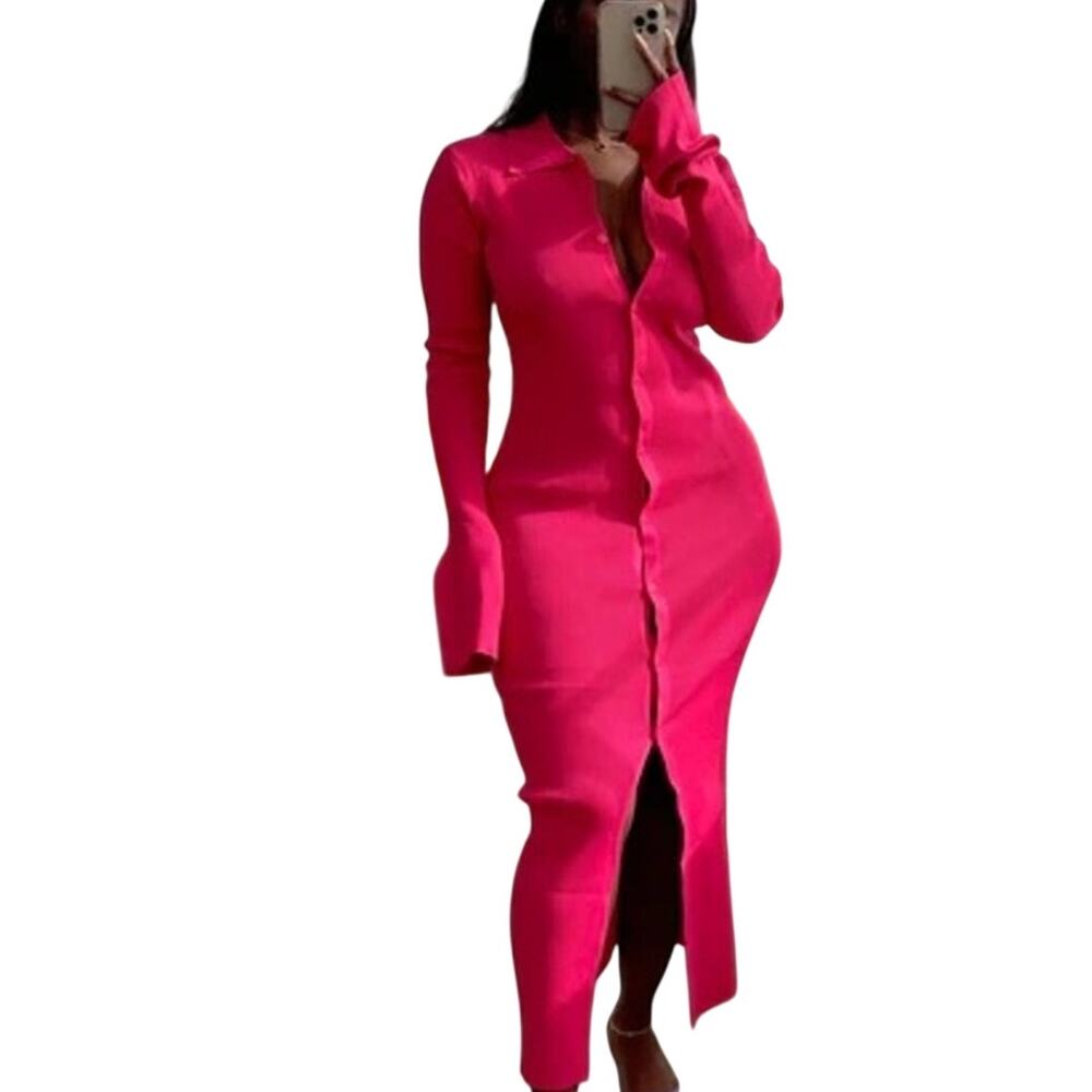 Hot Pink Ribbed Knit Maxi Duster Dress EUC M Mob Wife Dopamine Dark Academia